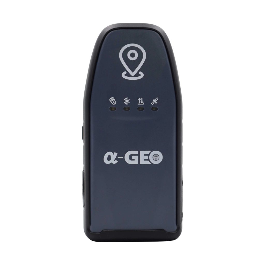 Front view of the dark AlphaGeo GeoPuls handheld RTK receiver on a white background.
