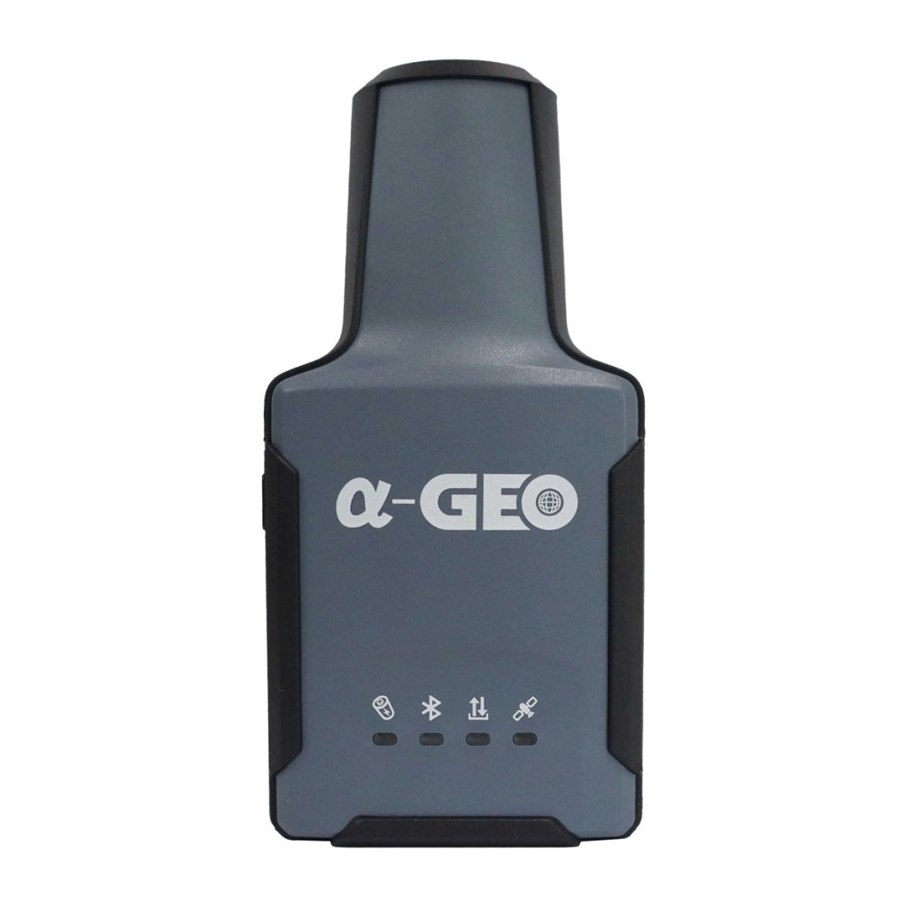 Front view of the grey AlphaGeo L2 Plus handheld RTK receiver on a white background.