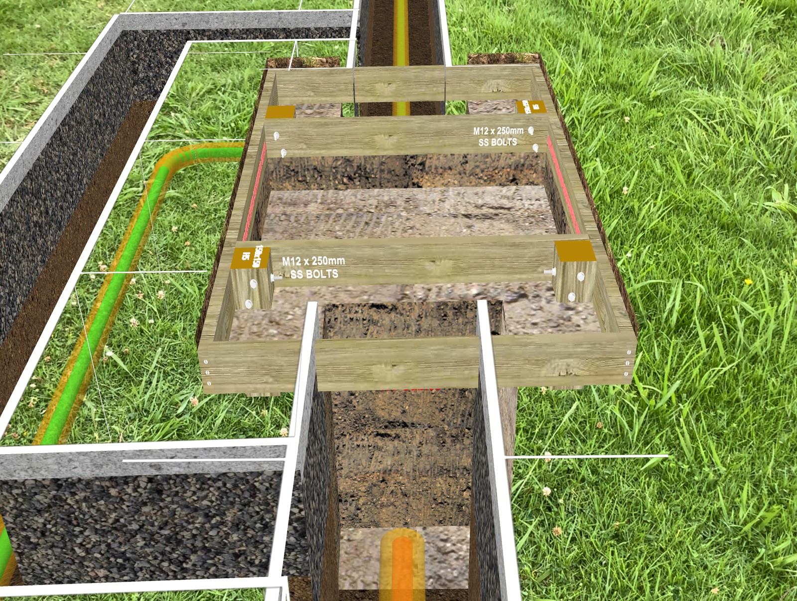 Modelled footing, trenches and service routes displayed over grass in Augview.