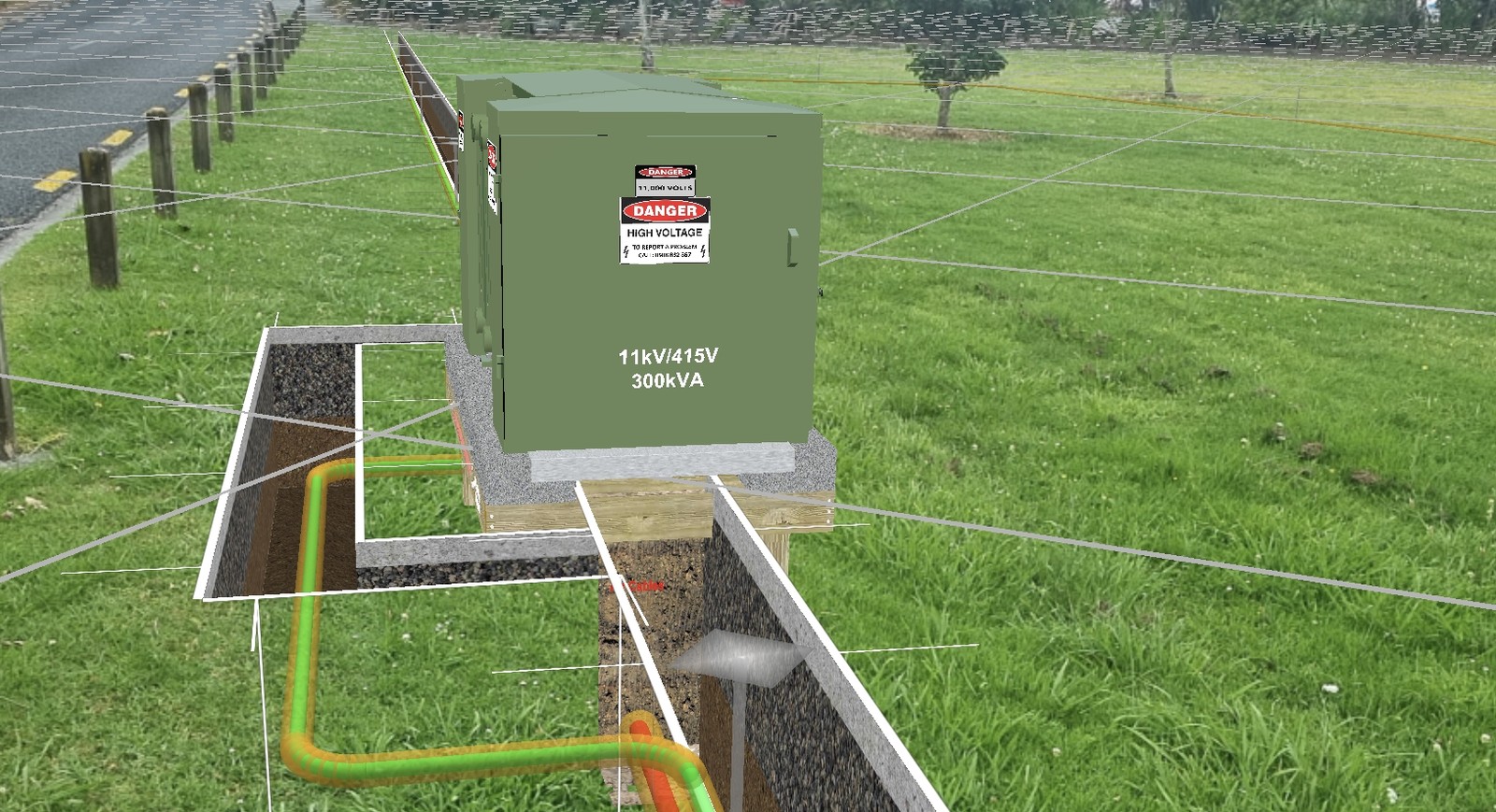 Modelled transformer, trench and service routes displayed over intact grass in Augview.