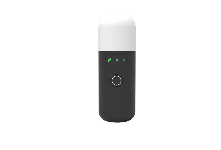 Front view of the Fattnav Capsuor smart antenna with white upper housing, dark body, indicator lights and a circular button.